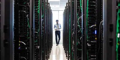 employee walking down a data center